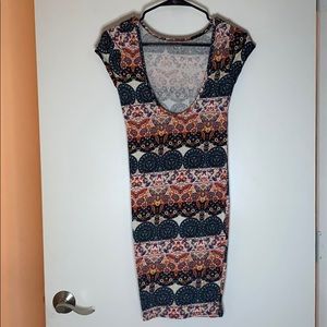 Tribal print bodycon dress plunging neckline